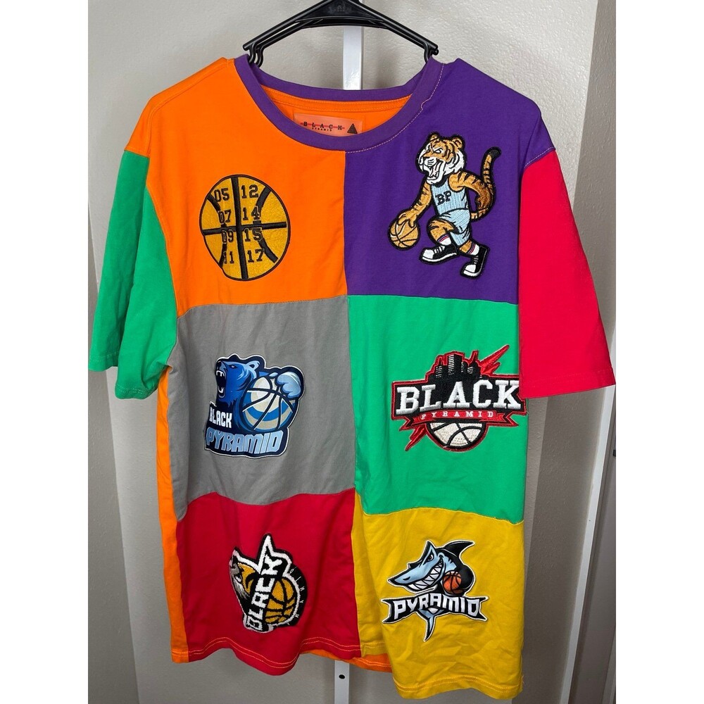 Black Pyramid XXL Patchwork Graphic Tee Multicolor Basketball Streetwear Shirt